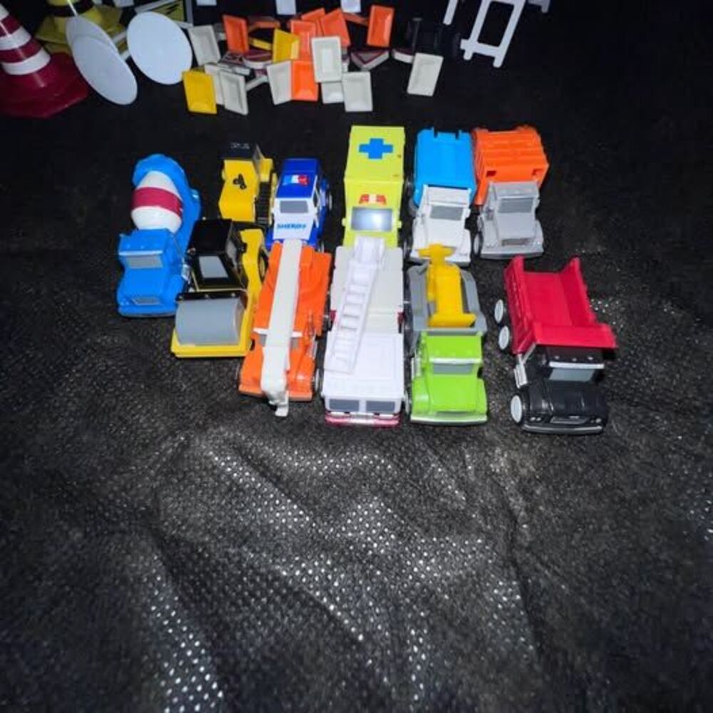 Toy Construction and Emergency Vehicle Playset with Road Tracks and Signs